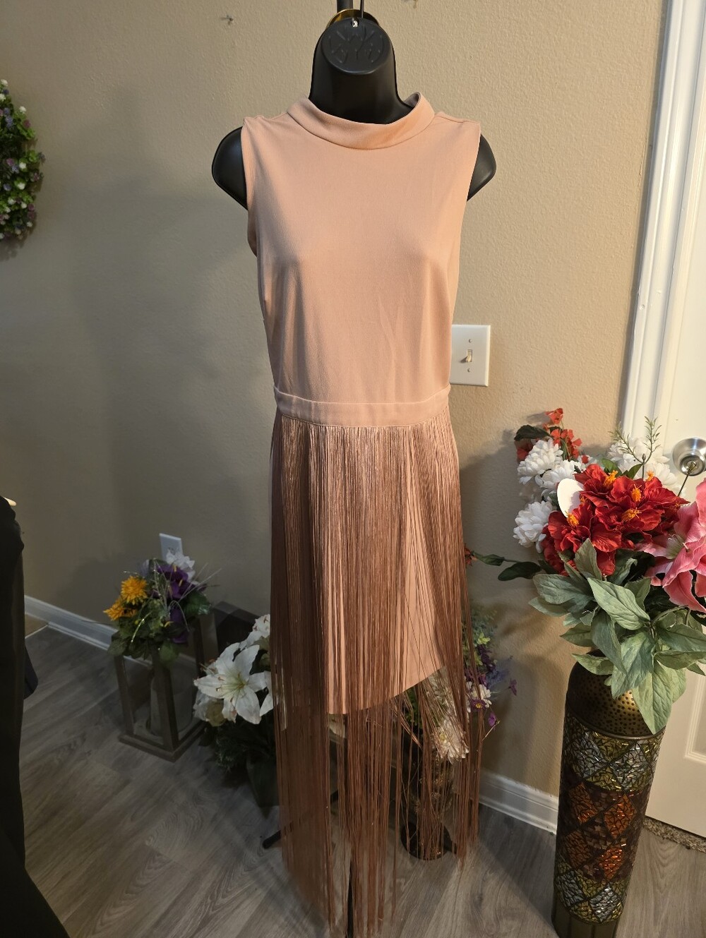 Sleeveless Blush Fringe Midi Dress with High Neck